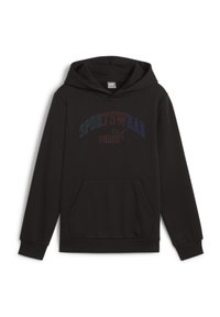 Sudadera negra de material suave con un bolsillo canguro. "SPORTSWEAR" y "PUMA" están impresos en letras multicolores en el pecho.