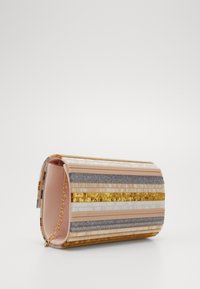 Clutch purse with alternating striped patterns in metallic gold, silver, and soft beige. Features a detachable gold chain strap and a smooth texture.