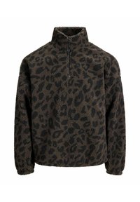 Bruine fleece pullover met een hoge kraag, voorzien van een zwart luipaardprintpatroon. Ritssluiting bij de hals, ontspannen pasvorm, zachte textuur.