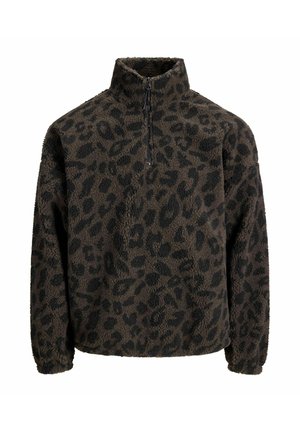 Pullover in pile marrone con collo alto, caratterizzato da un motivo a macchie di leopardo nere. Zip al collo, vestibilità rilassata, texture morbida.