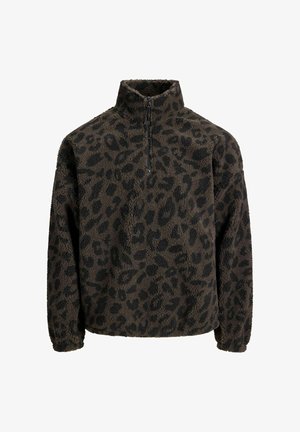 Pruun fliistekott, millel on kõrge kaelus, musta leopardimustriga. Lukuga kaeluses, vabalt langev lõige, pehme tekstuur.