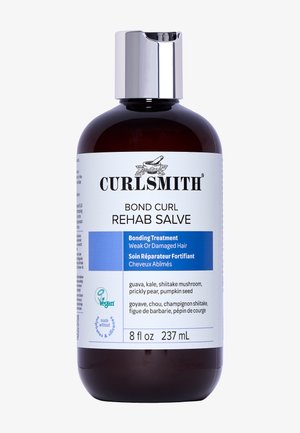 Curlsmith Bond Curl Rehab Salve bottle, bonding treatment for weak or damaged hair, vegan, 8 fl oz (237 mL), ingredients listed.