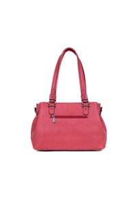 Borsa a tracolla sintetica rossa con manici doppi, tasca anteriore con zip, corpo piatto e dettagli di cucitura sottili. Texture liscia con un design elegante.