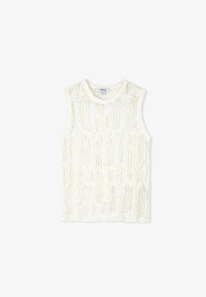 Bezrękawnik w kolorze białym, z tkaniną o plecionej koronkowej fakturze z liniowym wzorem. Okrągły dekolt i brak widocznych elementów metalowych lub ozdobnych.