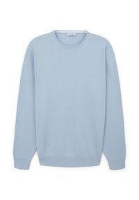 Helles blaues Sweatshirt aus einem weichen Material, mit rundem Ausschnitt, langen Ärmeln sowie gerippten Bündchen und Saum.
