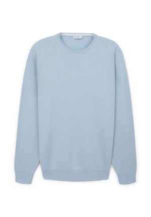 Maglione azzurro chiaro realizzato in un materiale morbido, con scollatura rotonda, maniche lunghe e polsini e orlo a costine.