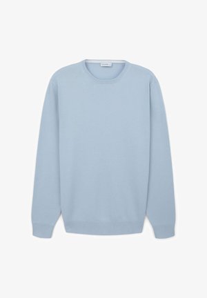 Maglione azzurro chiaro realizzato in un materiale morbido, con scollatura rotonda, maniche lunghe e polsini e orlo a costine.