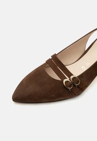 Chaussure plate en daim marron à bout pointu avec deux brides à boucle et une doublure intérieure beige, taille 4½.