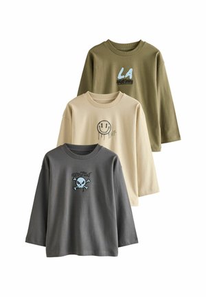 Next, REGULAR FIT - GRAPHIC LONG SLEEVE RELAXED FIT T-SHIRTS 3 PACK - Long sleeved top - stone khaki charcoal