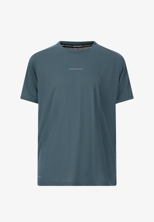 Sport T-shirt in donkerblauw, gemaakt van ademend materiaal. Heeft een ronde halslijn en korte mouwen. Subtiel "ENDURANCE" logo aan de voorkant.