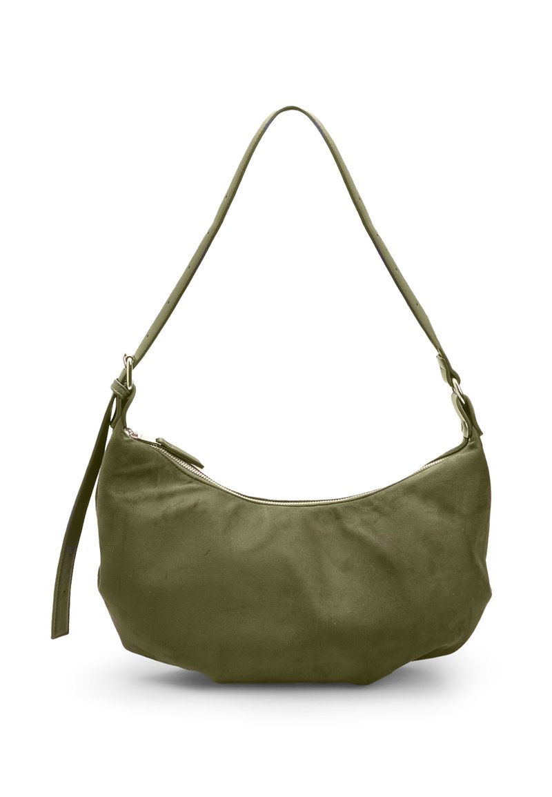 Borsa a spalla in pelle verde oliva con forma curva, chiusura con zip e tracolla regolabile. Texture liscia con minimi dettagli in metallo.