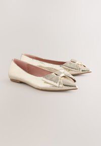 Auksinės, tekstūruotos baleto balerinos batai su smailiomis kojų dalimis, priekio pusėje su kaspino akcentu ir plokščiu padu. Lygus, blizgus paviršius su metaliniu blizgesiu.