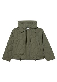 Gesteppte olivgrüne Jacke mit Kapuze, großen Fronttaschen, Kordelzug am Saum und Druckknopfverschluss. Glattes Nylonmaterial mit mattem Finish.