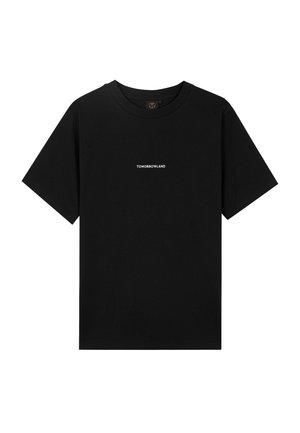 Zwarte katoenen T-shirt met korte mouwen en een ronde hals; heeft een wit "TOMORROWLAND" tekstlogo in het midden.