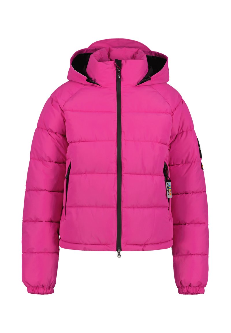 Giacca a vento rosa con cappuccio, design trapuntato, due tasche laterali e una cerniera nera. Polsini elasticizzati e etichetta con logo sulla manica.