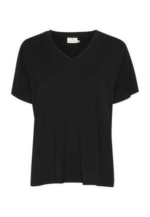 Black V-neck t-shirt made of soft fabric, featuring short sleeves and a relaxed fit. Designed with a subtle pleat detail at the front.