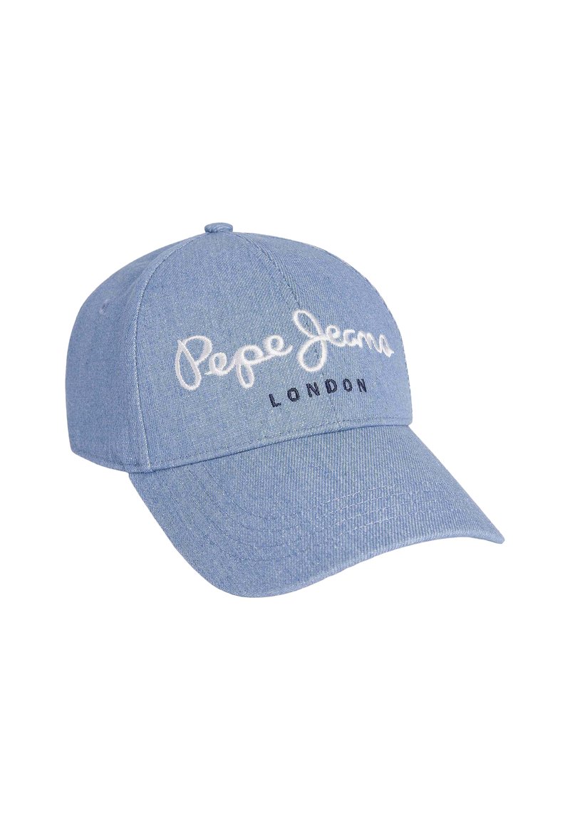 Modrá džínová čepice s zakřiveným kšiltem, na přední straně zdobená bílým vyšitým textem "Pepe Jeans" a "LONDON". Nastavitelný zadní pásek.