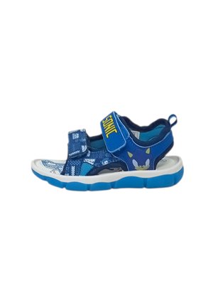 Sandalo blu per bambini con stampa di Sonic the Hedgehog, due cinturini regolabili, suola bianca e battistrada blu, mostrato su sfondo bianco.