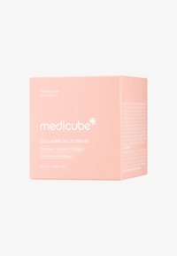 Rosa fyrkantig låda märkt "Medicube Collagen Jelly Cream" med information om kollagentyper och volym, med vit text på framsidan och sidan.
