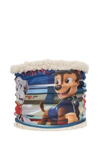 Gaiter multicolore con personaggi di cani dei cartoni animati, foderato in morbido pile bianco nella parte superiore e design elasticizzato per una vestibilità aderente.