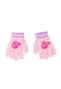 Gants en maille roses avec un poignet rayé violet et un logo rose portant le nom "Peppa". Les gants ont cinq ouvertures pour les doigts et une texture douce.
