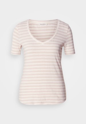 Short-sleeve V-neck t-shirt in light beige with thin, horizontal white stripes. Soft fabric with a relaxed fit and rounded hemline.