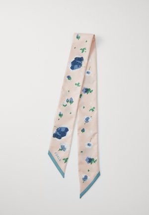 Écharpe en soie avec un fond rose clair, ornée d'un motif floral bleu et vert, et d'une bordure canard aux extrémités. Marque FURLA incluse.