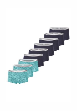 Neun Paare Boxershorts: vier navyfarbene mit weißen gestreiften Taillenbändern, fünf türkisfarbene mit kleinen Punkten und weißen Taillenbändern.