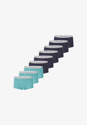 Neuf paires de boxers : quatre navy avec des ceintures rayées blanches, cinq turquoise à motif de petits points et ceintures blanches.