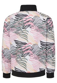 Mehrfarbige Jacke mit einem Blättermuster in Pink, Grün, Schwarz und Weiß, mit einem schwarzen Kragen und Bündchen, aus weichem Stoff.