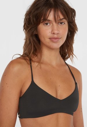 Reggiseno triangolare nero con spalline sottili e regolabili. Realizzato in tessuto liscio, presenta cuciture minime e un design semplice.