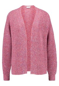 Cardigan rosa lavorato a maglia con una vestibilità ampia, stile aperto sul davanti, texture a coste e maniche lunghe. Presenta un motivo di tessitura morbido e leggermente variato.