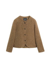 Brown, textured wool jacket with a round neckline, button closure, and long sleeves; features a cropped, rounded hem.