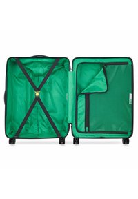 Rolling suitcase with a black exterior, bright green interior, adjustable cross straps, and a zippered mesh pocket. Smooth wheels for mobility.