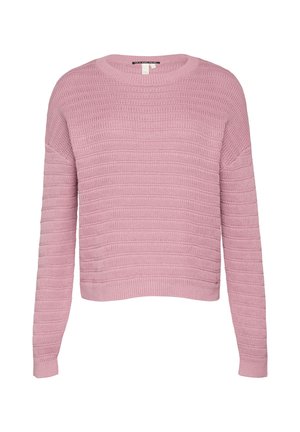 Pull en tricot rose avec un motif texturé et côtelé. Il possède de longues manches et un col rond classique, avec une coupe cropped à la taille.