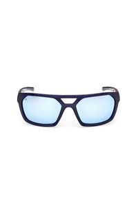 Lunettes de soleil sportives rectangulaires avec une monture bleu foncé et des verres réfléchissants bleu clair, présentant une petite découpe triangulaire au-dessus du pont du nez.