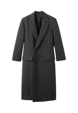Manteau en laine gris foncé avec un col à revers, deux poches avant et une fermeture à un bouton. Coupe droite avec des manches longues.