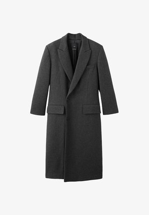 Dunkelgrauer Wollüberrock mit Reverskragen, zwei Fronttaschen und einem Knopfverschluss. Gerader Schnitt mit langen Ärmeln.