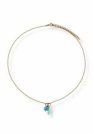 Delicate gold chain necklace with blue flower and bead charms at center, featuring adjustable clasp and extension chain.