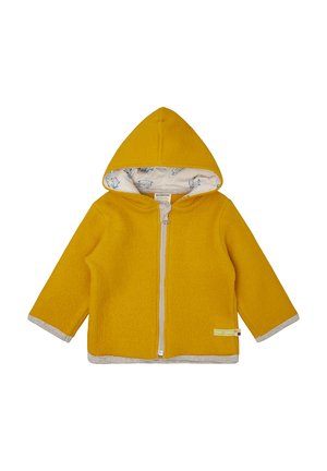 Gelber Fleece-Hoodie mit einem frontalen Reißverschluss, grauen Akzenten an den Bündchen und am Saum sowie einem gefütterten Innenmaterial mit blauem Muster.