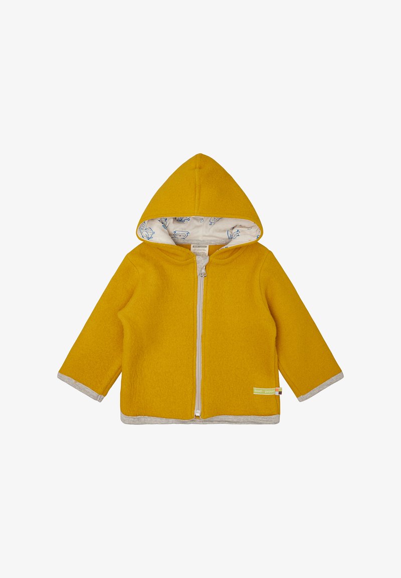 Gelber Fleece-Hoodie mit einem frontalen Reißverschluss, grauen Akzenten an den Bündchen und am Saum sowie einem gefütterten Innenmaterial mit blauem Muster.