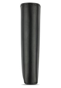Black leather sheath with a smooth texture, tapered design, and stitched edges, suitable for protecting blades or tools.