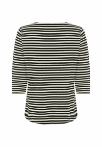 Gestreiftes Oberteil mit drei Viertelärmeln in Schwarz und Creme, mit einem runden Ausschnitt, lockerer Passform und abgerundetem Saum. Strukturierter Stoff.