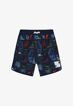 Pantaloncini da bagno blu navy con coulisse bianca e motivo patchwork tropicale colorato con foglie di palma, tavole da surf e capanne da spiaggia.