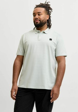Homme avec des dreadlocks portant un polo gris clair à manches courtes et un pantalon noir, debout devant un fond blanc uni.