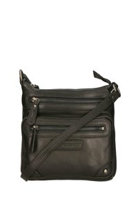 Borsa a tracolla in pelle nera con molteplici tasche con zip, superficie testurizzata, tracolla regolabile e accenti in metallo argentato.