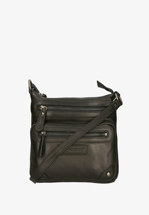 Borsa a tracolla in pelle nera con molteplici tasche con zip, superficie testurizzata, tracolla regolabile e accenti in metallo argentato.