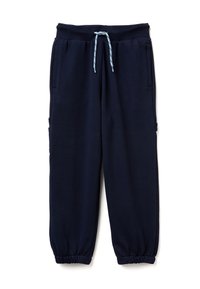 Marineblaue Sweatpants aus weichem Stoff. Sie verfügen über einen elastischen Bund mit einer blauen Kordel, seitliche Taschen und schmal zulaufende Bündchen.
