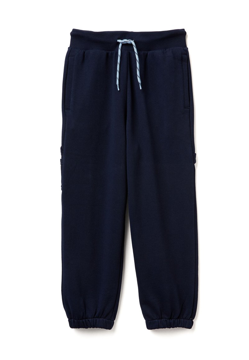 Marineblaue Sweatpants aus weichem Stoff. Sie verfügen über einen elastischen Bund mit einer blauen Kordel, seitliche Taschen und schmal zulaufende Bündchen.