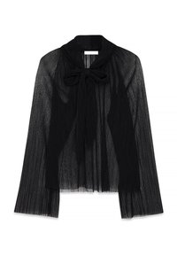 Blusa nera plissettata con colletto a scialle, caratterizzata da un dettaglio a fiocco legato al collo e maniche lunghe e trasparenti. Tessuto leggero e strutturato.